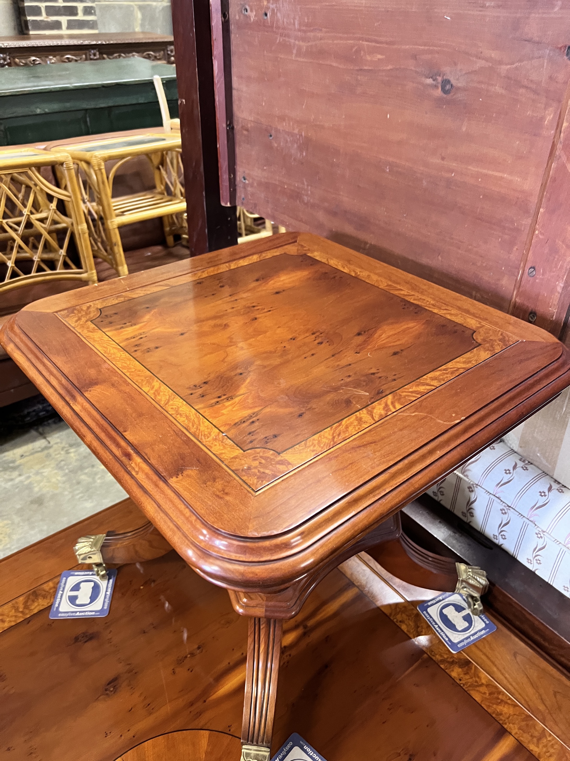 An inlaid yew wood square coffee table, 120cm and a matching occasional table, width 54cm